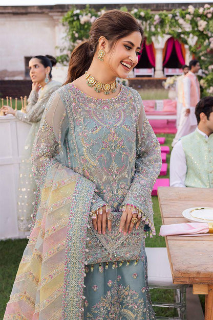 Kanwal Malik Ice Blue – Luxury Organza Suit | Multi-Color Rainbow Dupatta & Adda Work