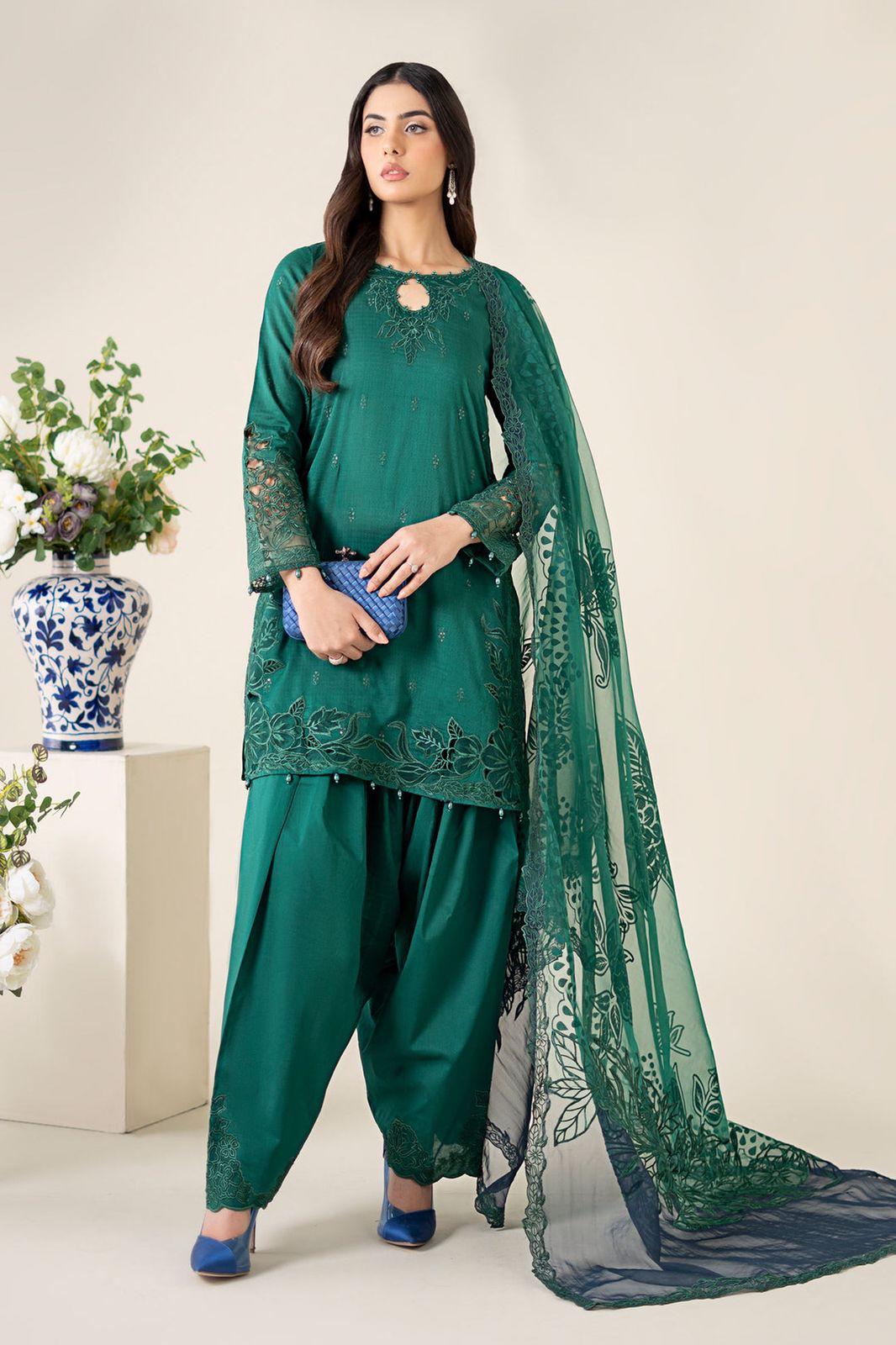 Maria B Trending Raw Silk – Teal Green Suit | Laser Cutwork & Tassels