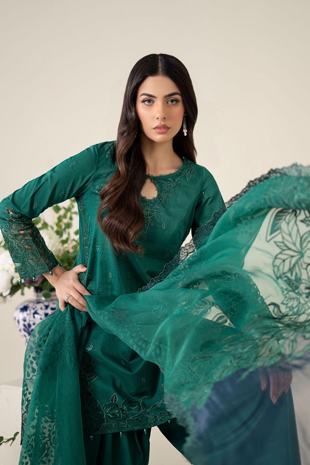 Maria B Trending Raw Silk – Teal Green Suit | Laser Cutwork & Tassels