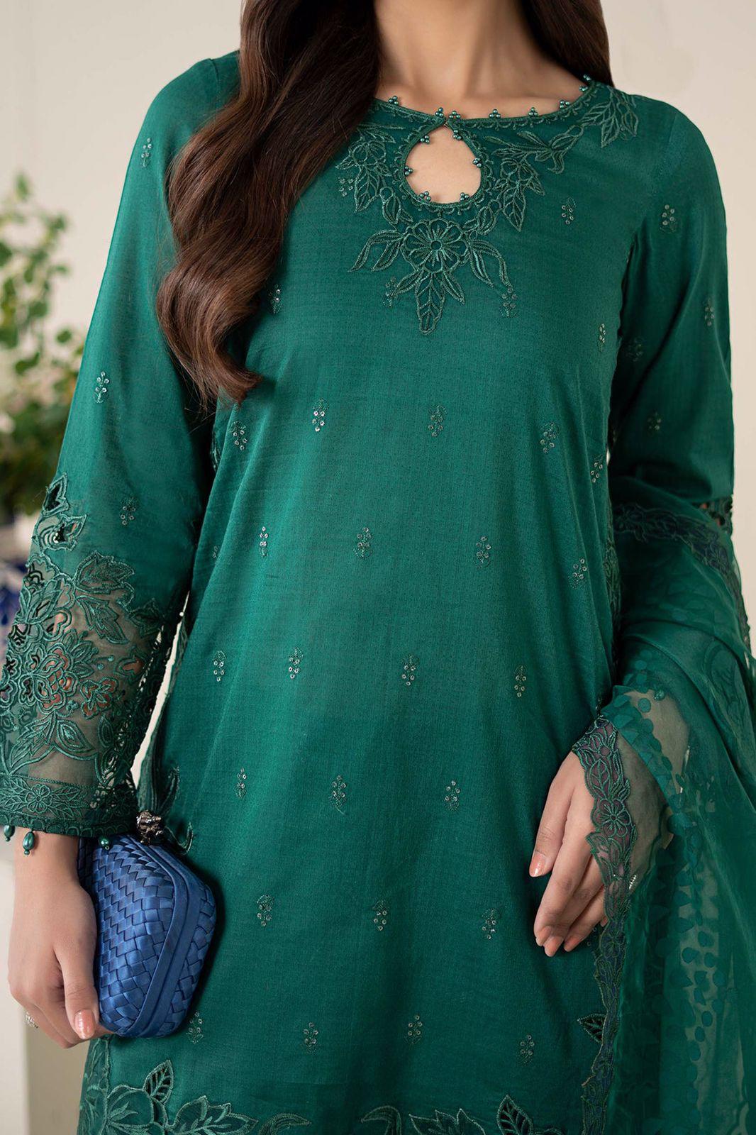 Maria B Trending Raw Silk – Teal Green Suit | Laser Cutwork & Tassels