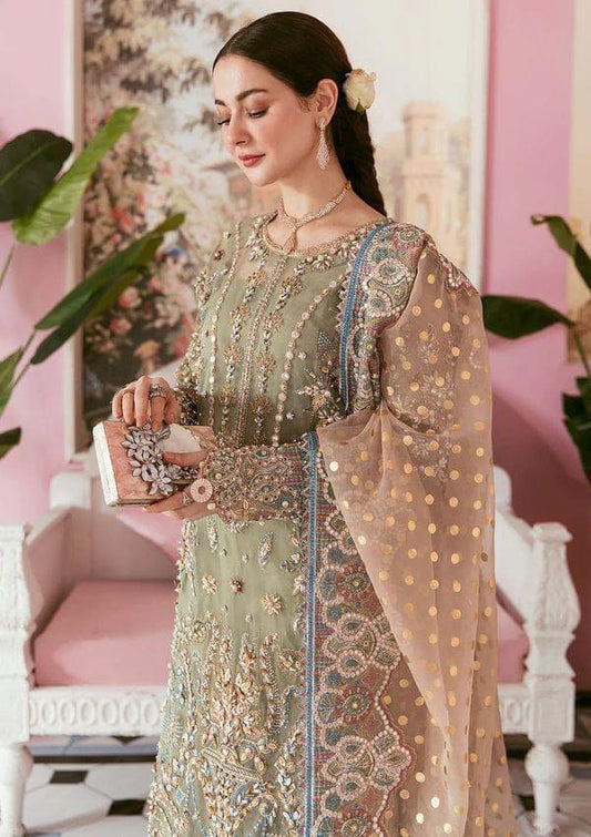 ELAF Premium Organza – Olive Green Luxury Suit | Sheesha & Moti Work