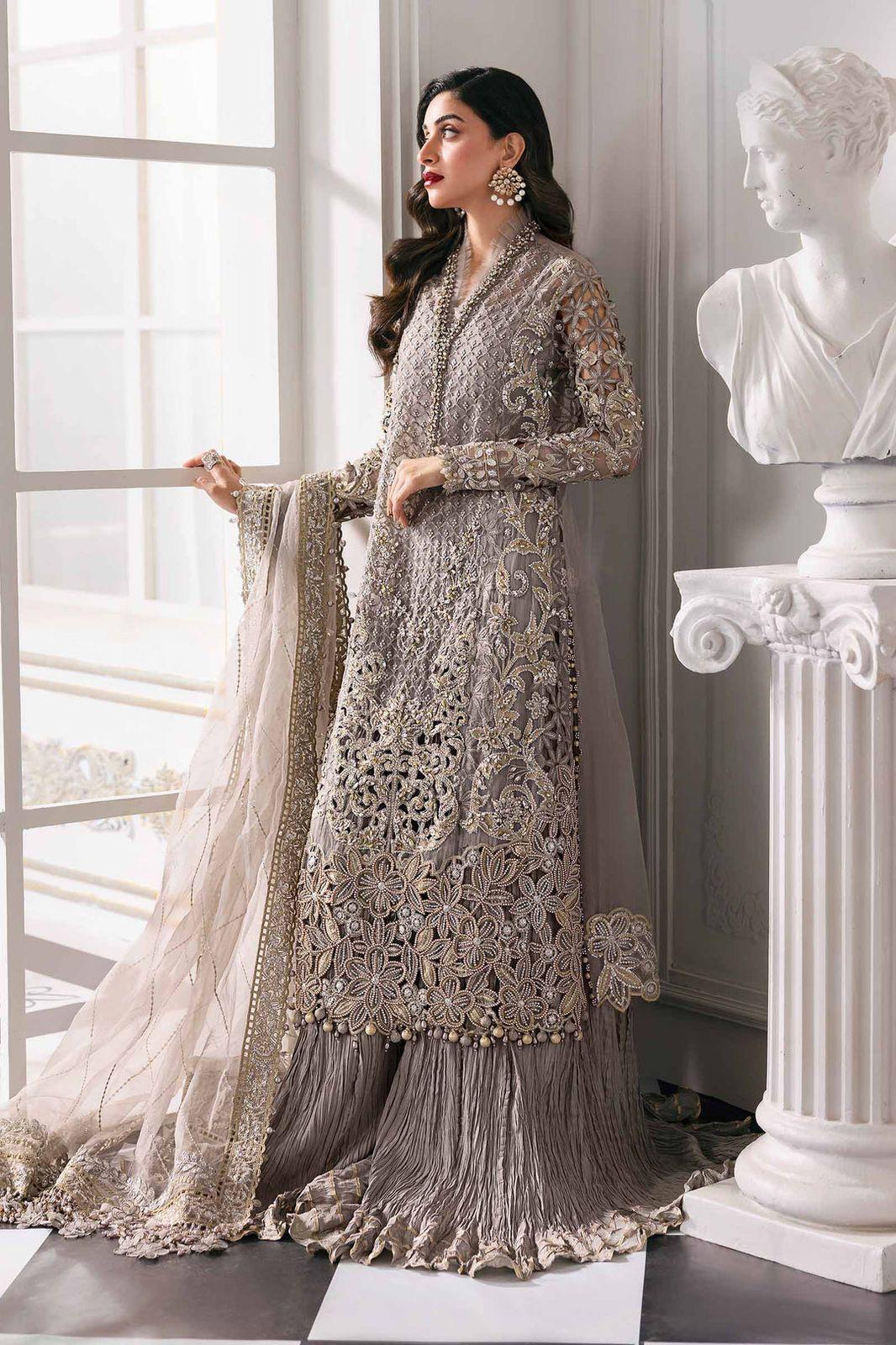 Maria B Couture Taupe Grey – Luxury Chiffon Suit | Hand-Made Adda Work & Gharara