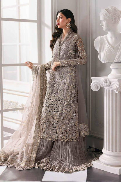 Maria B Couture Taupe Grey – Luxury Chiffon Suit | Hand-Made Adda Work & Gharara
