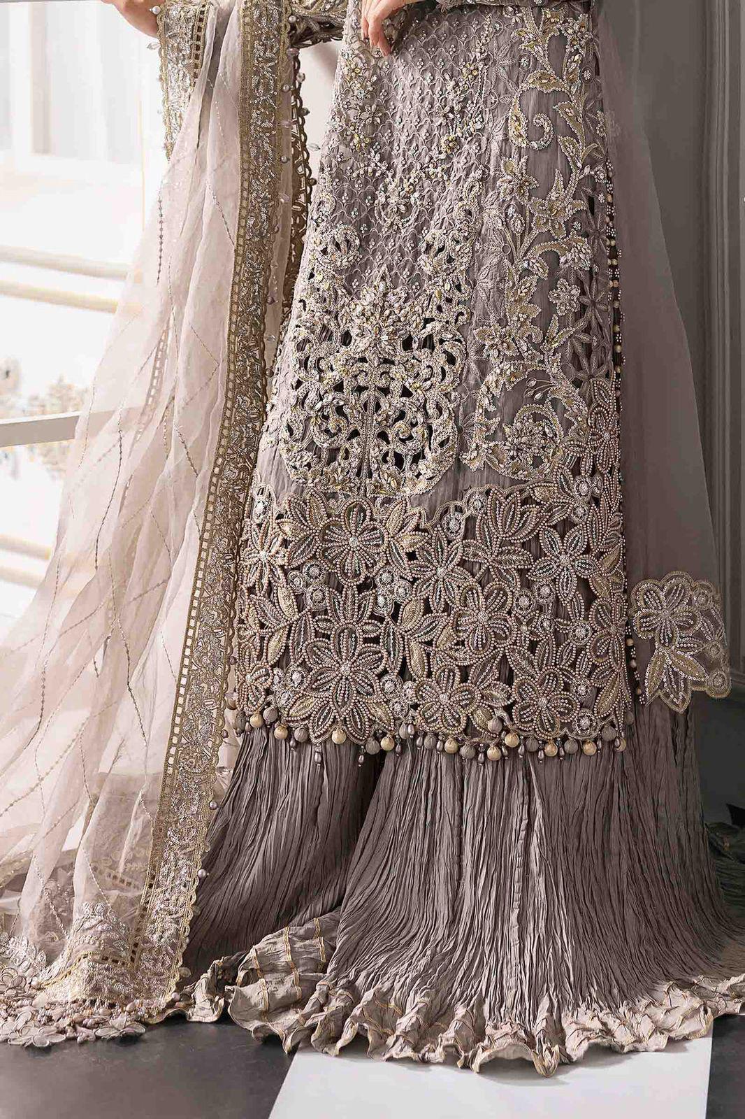 Maria B Couture Taupe Grey – Luxury Chiffon Suit | Hand-Made Adda Work & Gharara