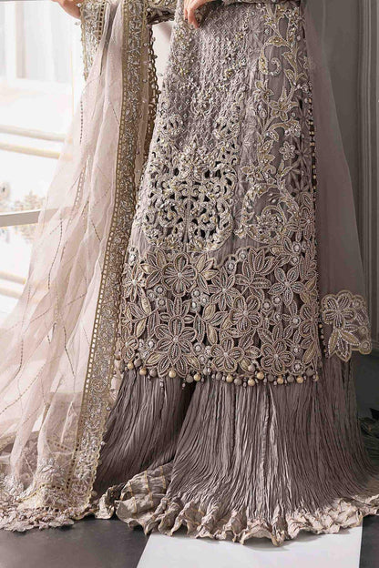 Maria B Couture Taupe Grey – Luxury Chiffon Suit | Hand-Made Adda Work & Gharara