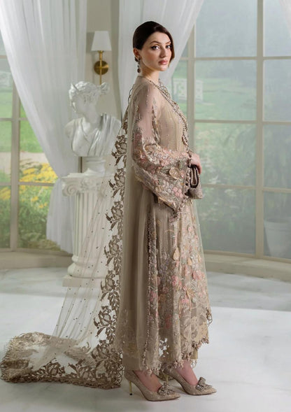 Maria B Chiffon 2026 – Beige Luxury Suit | 3D Flowers, Diamond Spray & Hand Work