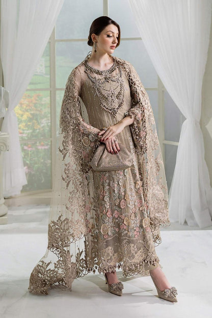 Maria B Chiffon 2026 – Beige Luxury Suit | 3D Flowers, Diamond Spray & Hand Work