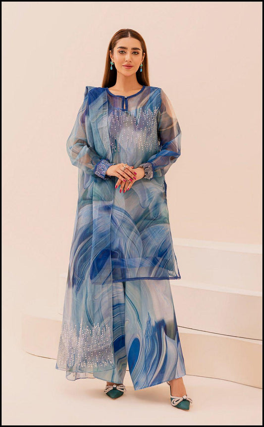 Azmin Abstract Blue – Digital Printed Organza Suit | Inner Included