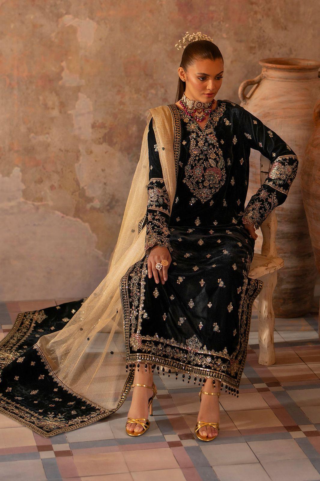 Eman Adeel Velvet Edition – Navy Blue Luxury Suit | Masoori Dupatta & Hand-Made Adda Work