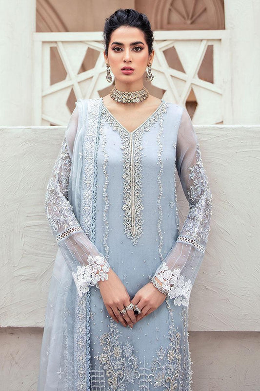 Mushq Luxury Organza – Ice Blue Formal Suit | Heavy Hand-Made Adda Work