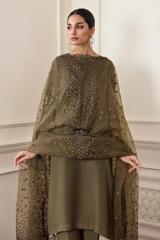 Baroque Olive Green – Luxury Chiffon Suit | Heavy Sequined Organza Dupatta