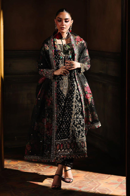 Charizma Signature Black – Luxury Chiffon Suit | Floral Printed Organza Dupatta