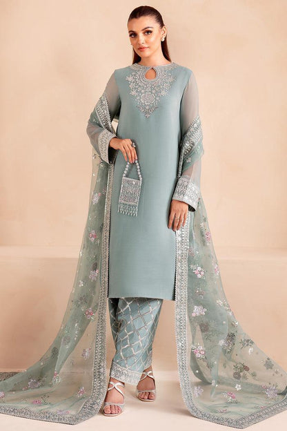 Farasha Sky Blue – Luxury Chiffon 3-Piece Suit | Embroidered Silk Trouser