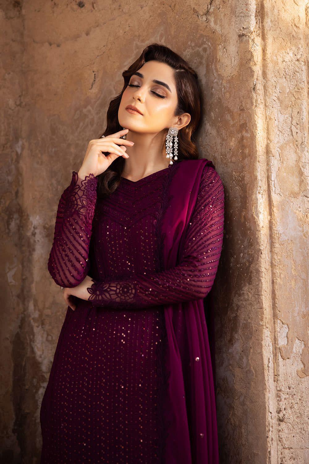 Azure x Maya Ali – Deep Purple Luxury Chiffon Suit | Heavy Embroidered Dupatta & Chawk Laces