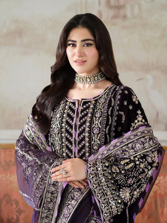 Aneela's Luxury Velvet – Dark Purple Suit | Heavy Hand-Made Adda Work