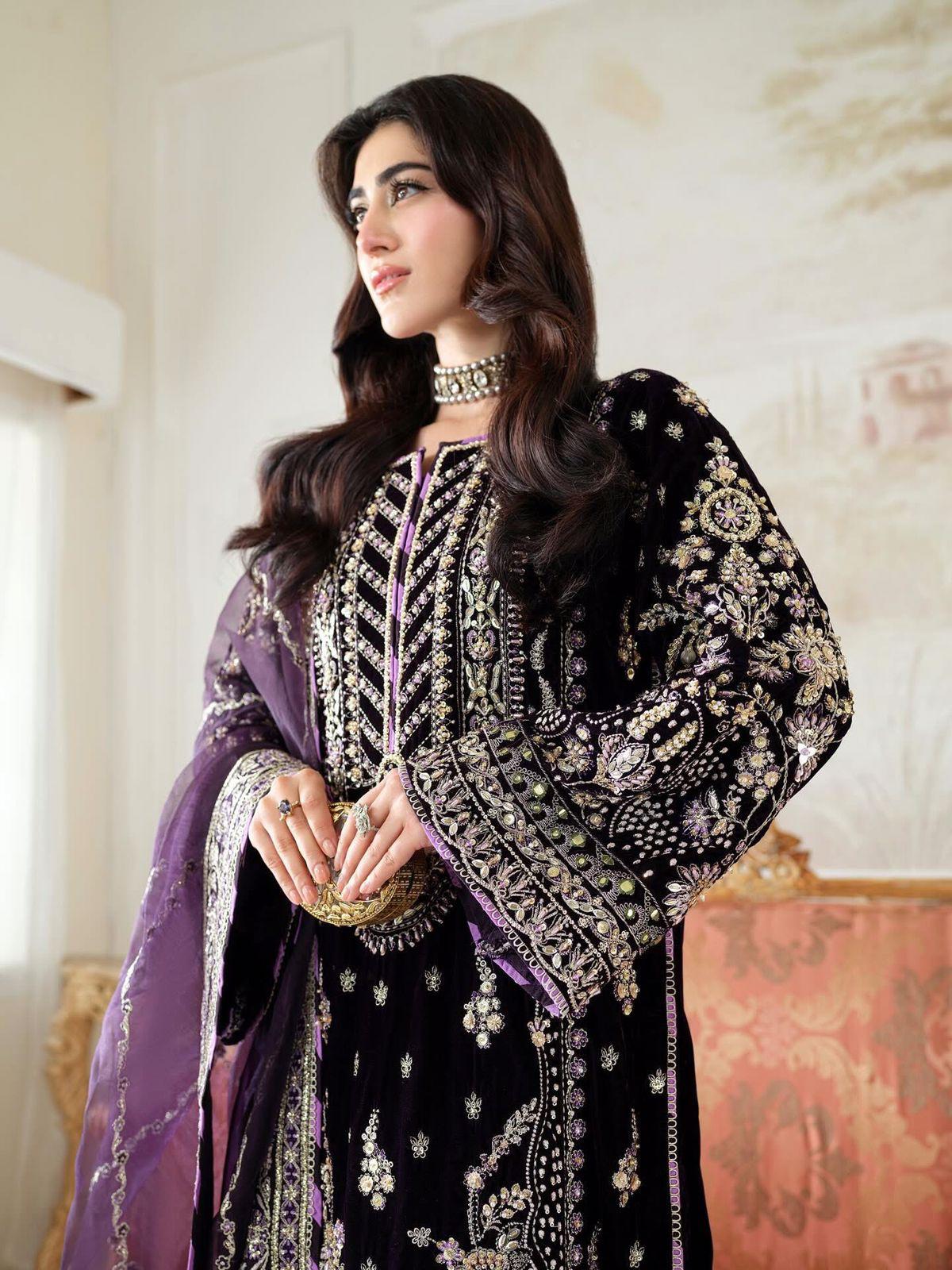 Aneela's Luxury Velvet – Dark Purple Suit | Heavy Hand-Made Adda Work