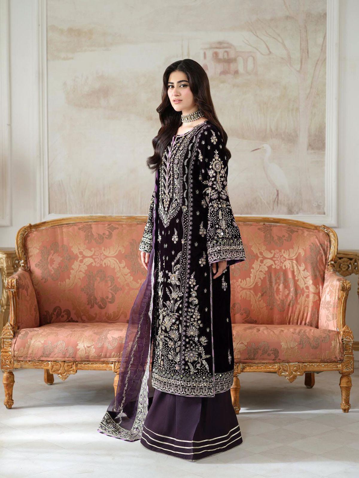 Aneela's Luxury Velvet – Dark Purple Suit | Heavy Hand-Made Adda Work