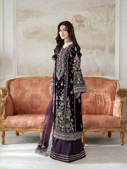Aneela's Luxury Velvet – Dark Purple Suit | Heavy Hand-Made Adda Work