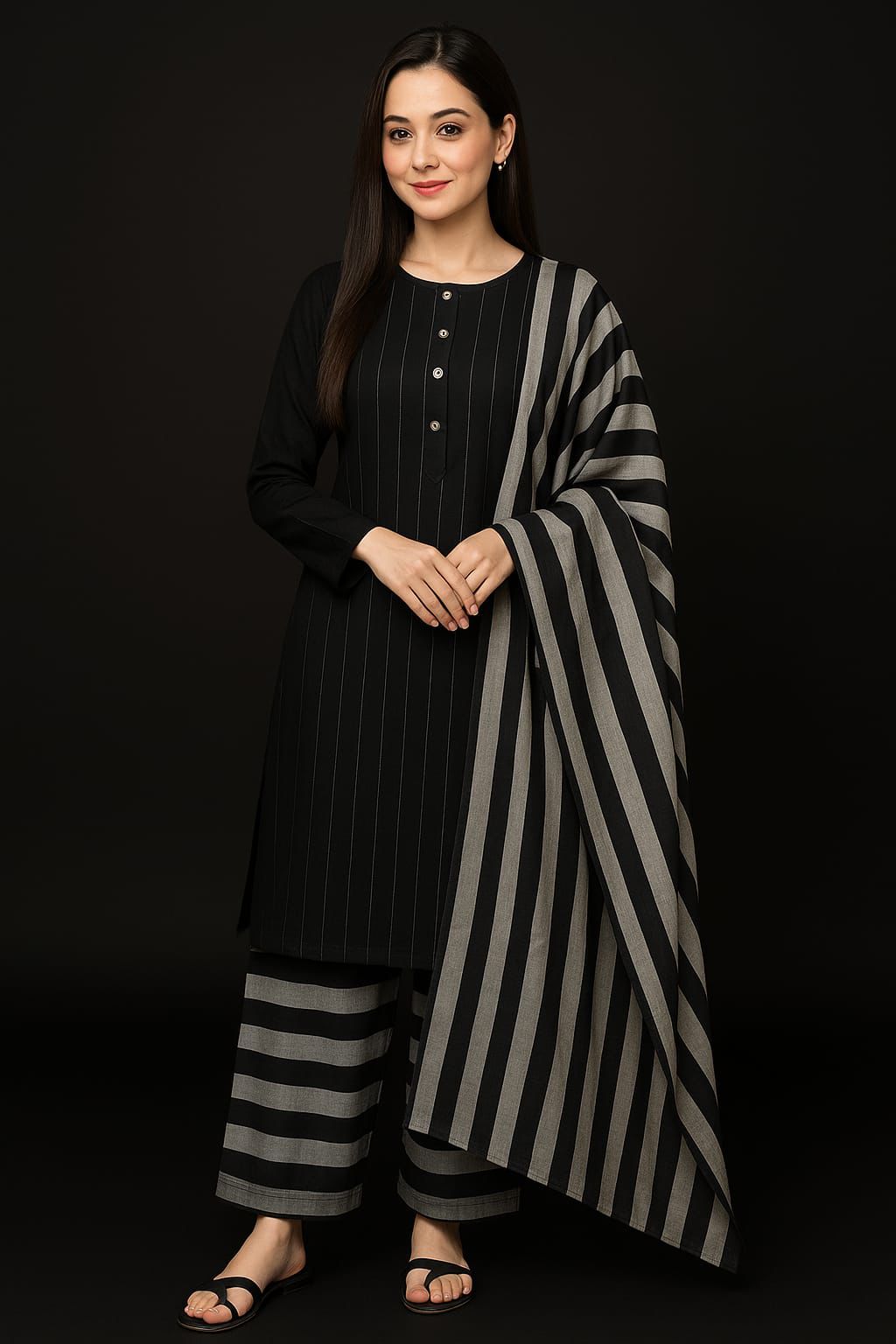 Multani Khaddi Susi – Black & Grey Striped 3-Piece Suit | Winter Collection 2026