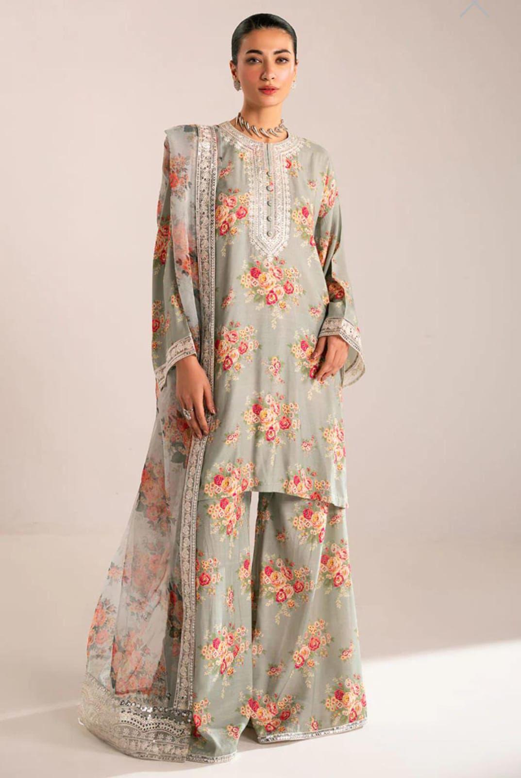 Cross Stitch Floral Sage – Digital Printed Jacquard Silk Suit | Cutwork Organza Dupatta