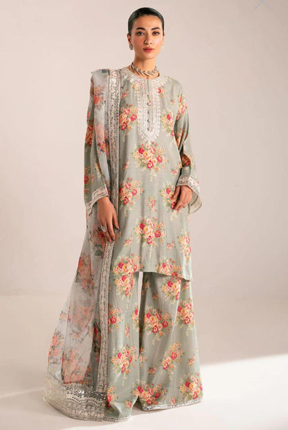 Cross Stitch Floral Sage – Digital Printed Jacquard Silk Suit | Cutwork Organza Dupatta