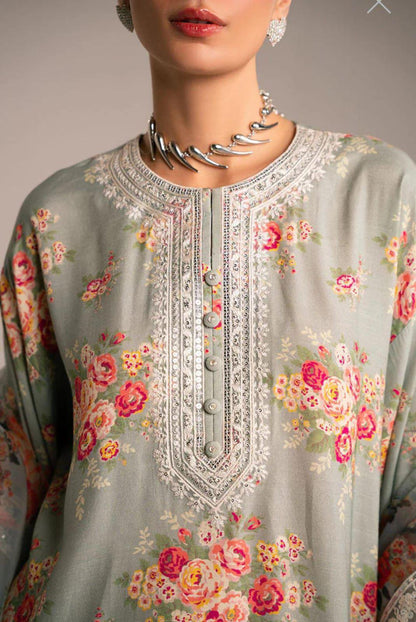 Cross Stitch Floral Sage – Digital Printed Jacquard Silk Suit | Cutwork Organza Dupatta