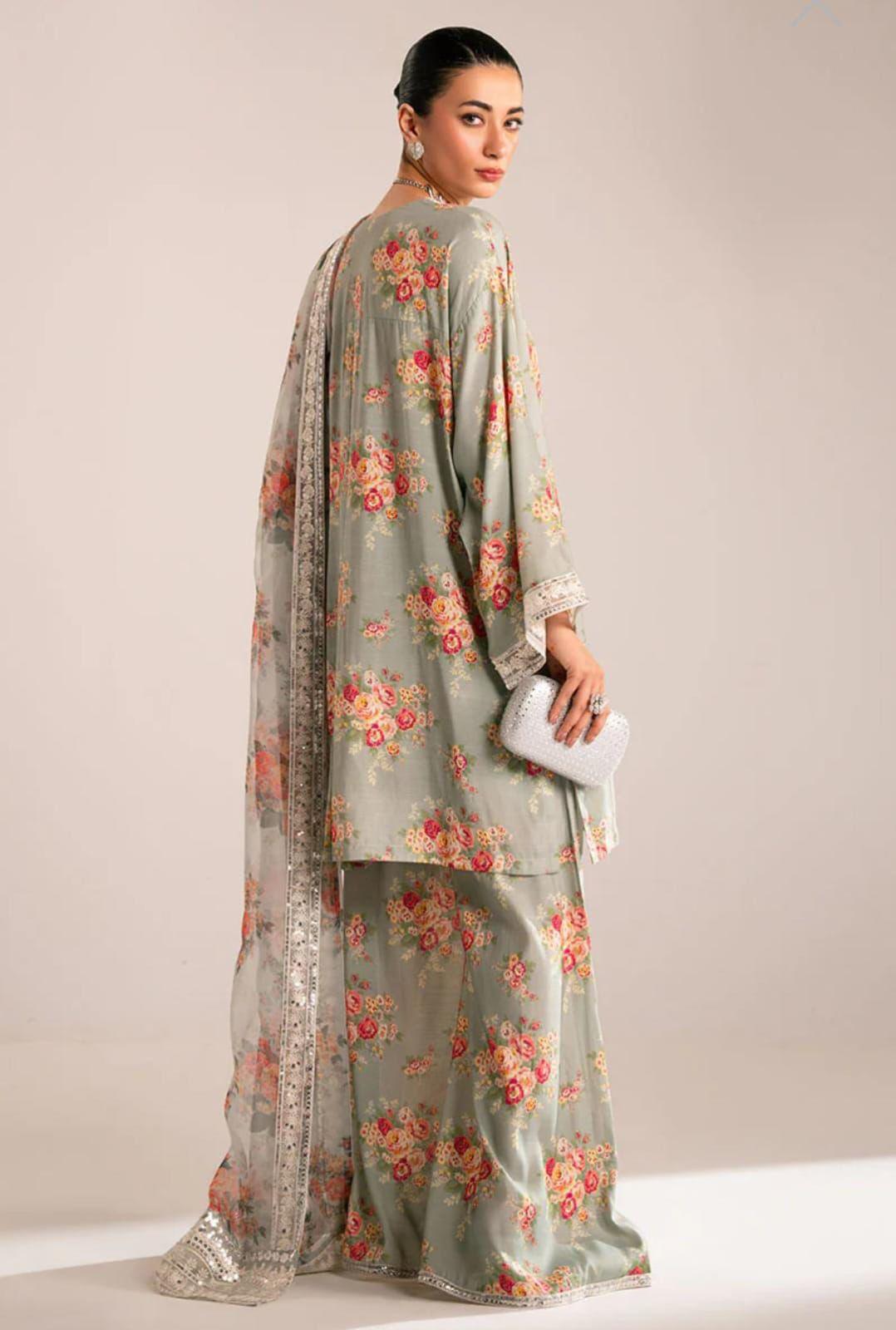 Cross Stitch Floral Sage – Digital Printed Jacquard Silk Suit | Cutwork Organza Dupatta