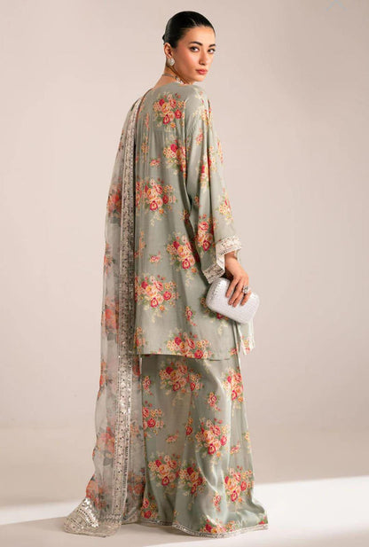 Cross Stitch Floral Sage – Digital Printed Jacquard Silk Suit | Cutwork Organza Dupatta