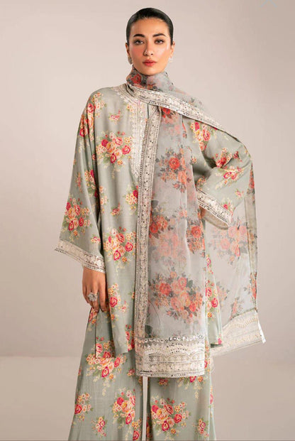 Cross Stitch Floral Sage – Digital Printed Jacquard Silk Suit | Cutwork Organza Dupatta