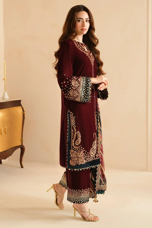 Jazmine Maroon Velvet – Luxury 9000 Micro Velvet Suit | Laser Cut & Digital Organza Dupatta