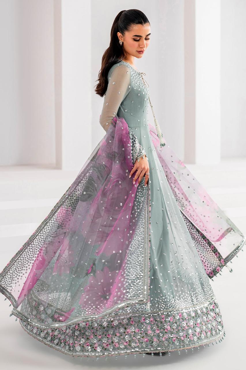 Jazmin Silver Grey – Luxury Chiffon Maxi | Floral Printed Net Dupatta & Sequin Work