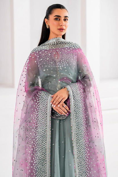 Jazmin Silver Grey – Luxury Chiffon Maxi | Floral Printed Net Dupatta & Sequin Work