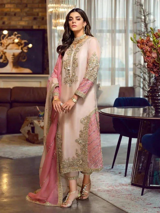 Sara Rohail Asghar Tea Pink – Luxury Organza Suit | Heavy Handwork Embroidery
