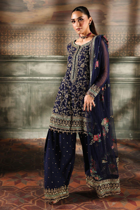 Charizma Signature Navy Blue – Luxury Chiffon Suit | Heavy Cutwork Net Dupatta