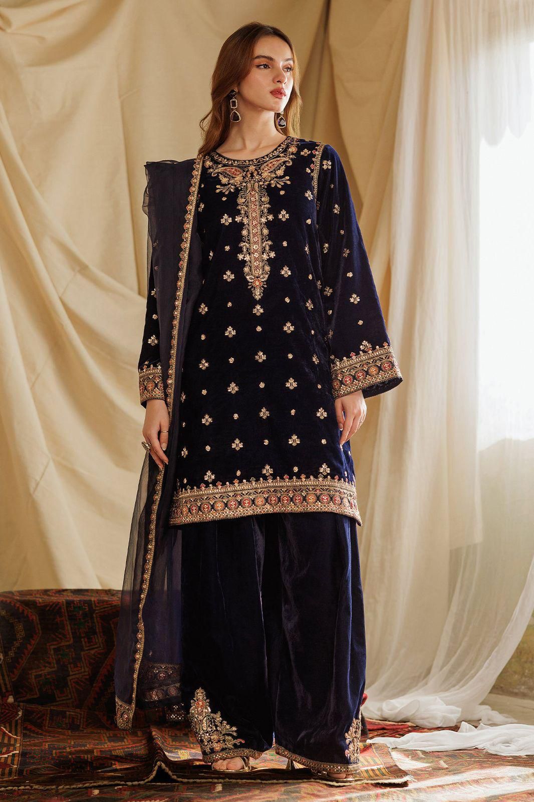 Charizma Navy Blue Velvet – Luxury 3-Piece Suit | Multi-Color Sequence Embroidery