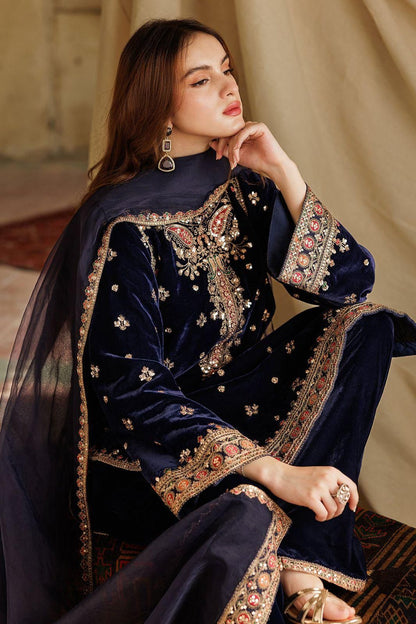 Charizma Navy Blue Velvet – Luxury 3-Piece Suit | Multi-Color Sequence Embroidery