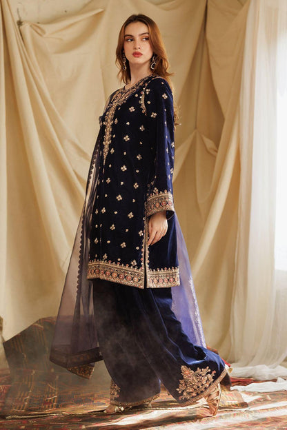 Charizma Navy Blue Velvet – Luxury 3-Piece Suit | Multi-Color Sequence Embroidery