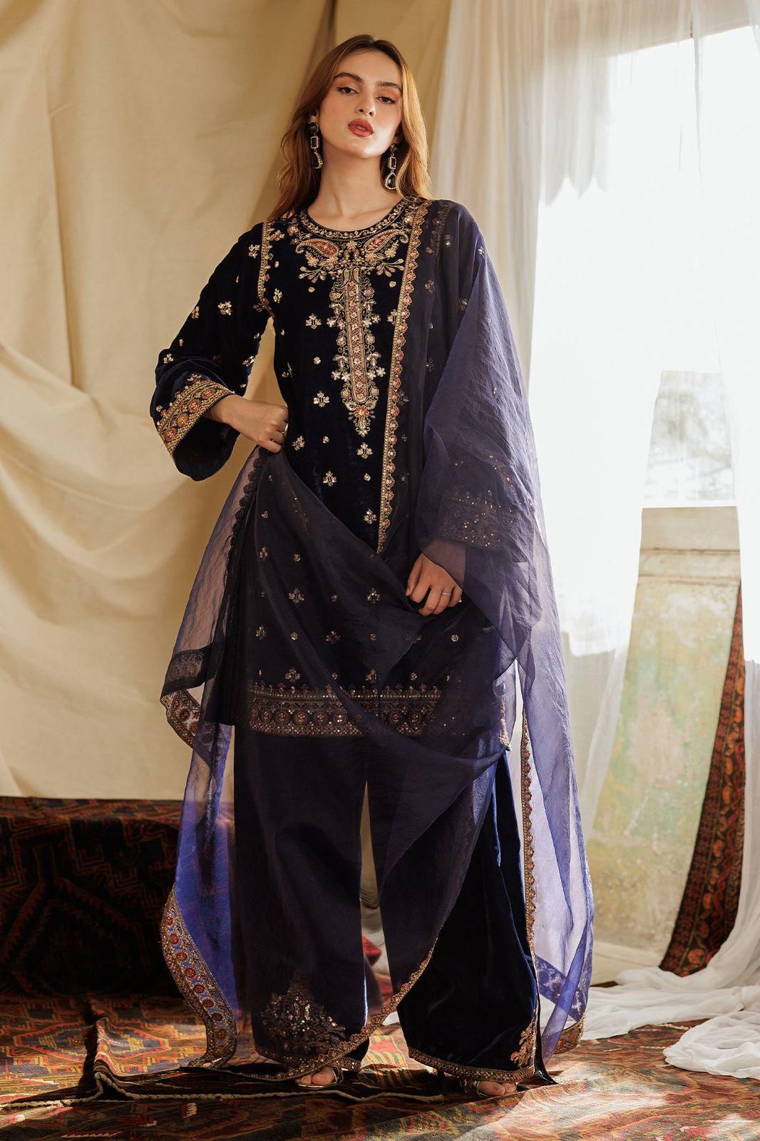 Charizma Navy Blue Velvet – Luxury 3-Piece Suit | Multi-Color Sequence Embroidery