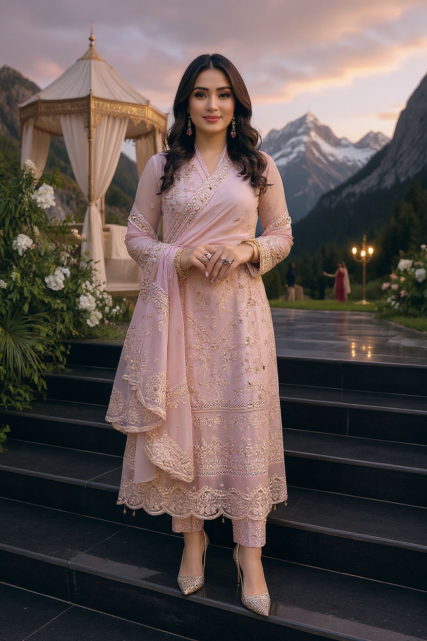Azure – 3PC luxury unstiched  Shafon Embroidered Suit