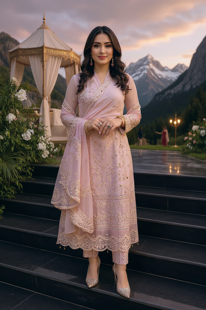 Azure – 3PC luxury unstiched  Shafon Embroidered Suit