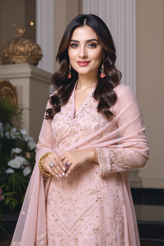 Azure – 3PC luxury unstiched  Shafon Embroidered Suit